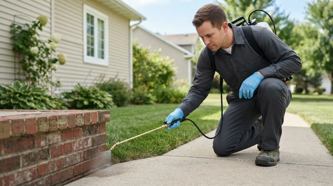 Pest control technician treating a home near Oark, AR